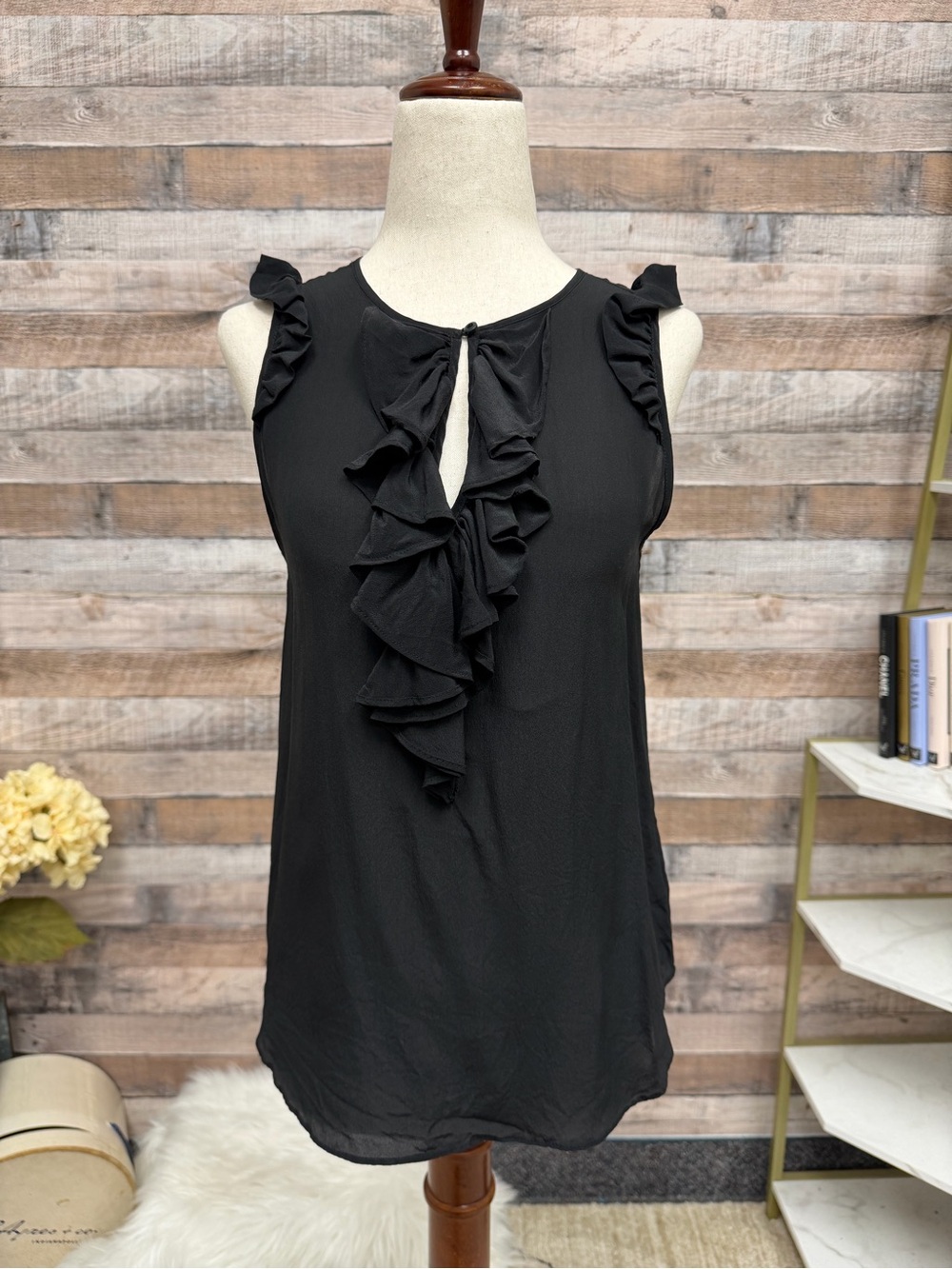 Maeve black silk sleeveless blouse Hermine ruffle front top